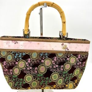 Y2K VTG Bamboo Handle Pink Brown Satin Oriental Jacquard Kawaii 00s Tote Handbag